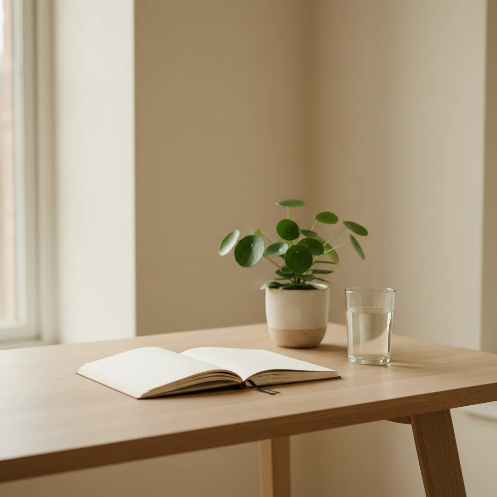 A calm workspace with a notebook, a small plant, and a glass of water on a light wooden desk