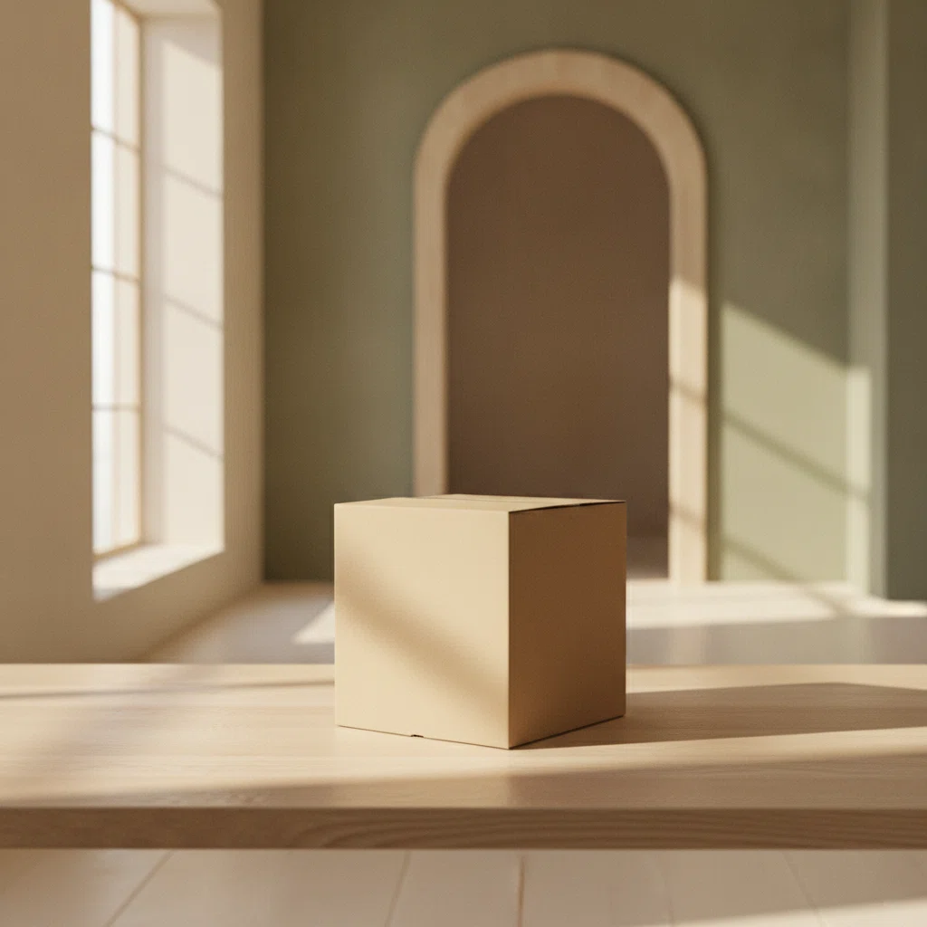 A neat plain kraft parcel box sitting on a table near a bright entryway