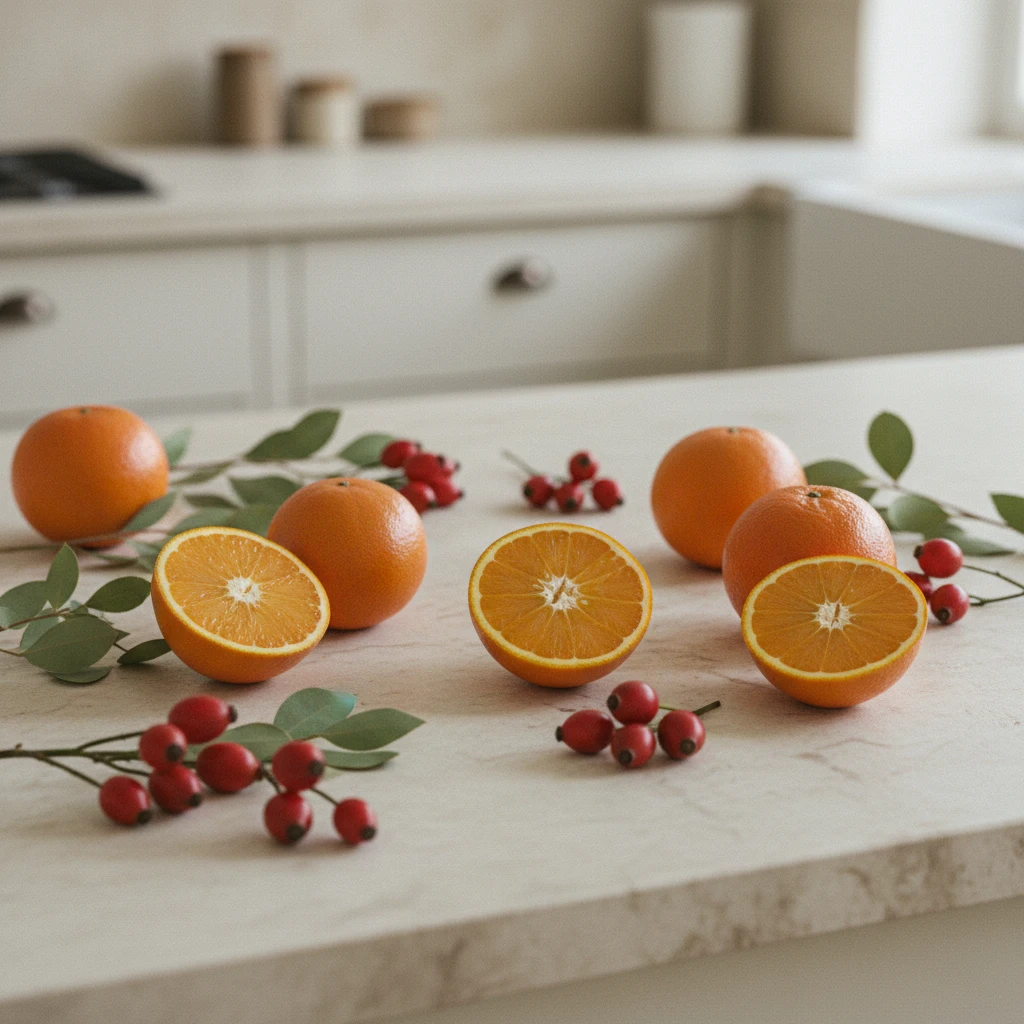 Fresh oranges, rosehips and green leaves arranged on a light stone surface