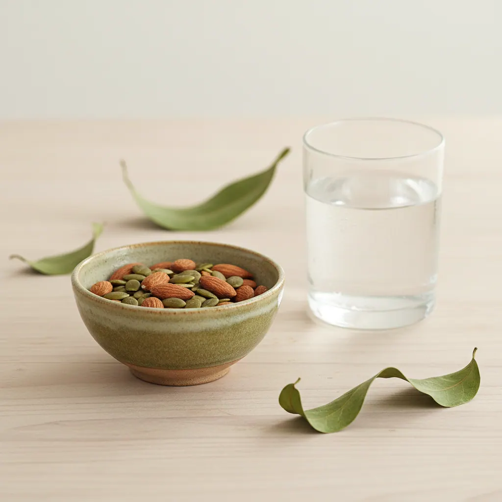 A ceramic bowl of almonds and pumpkin seeds beside a glass of water on a light wooden table