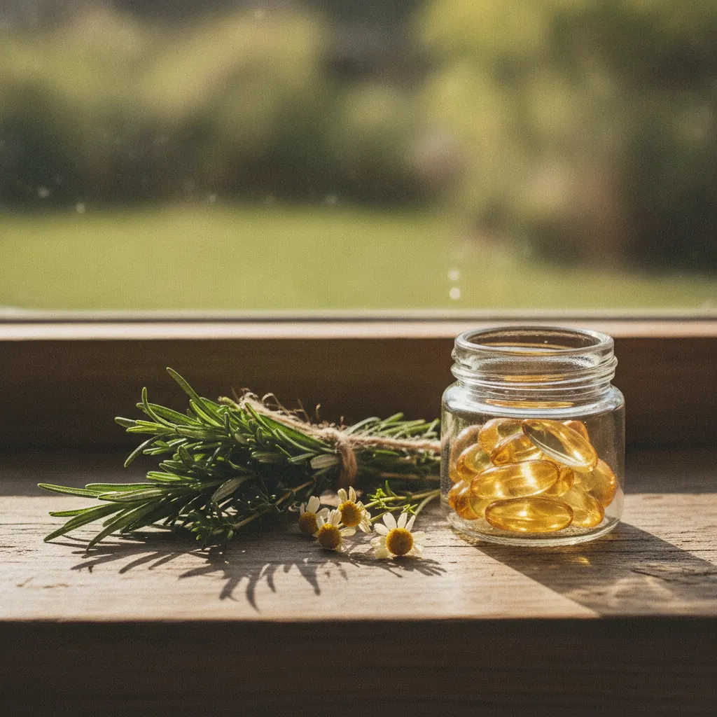A small transparent glass jar of golden vitamin D capsules on a sunlit windowsill beside green herbs