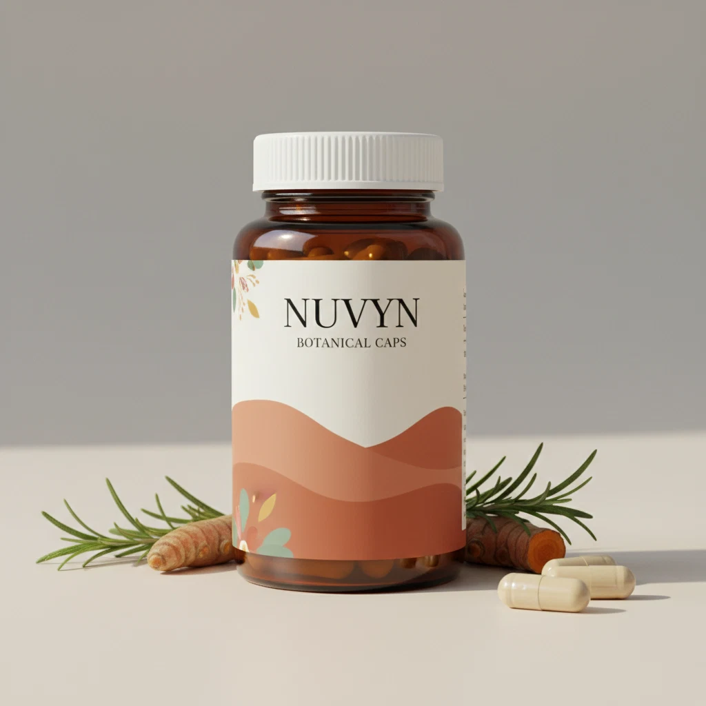 Nuvyn Botanical Caps amber glass supplement jar with black lid